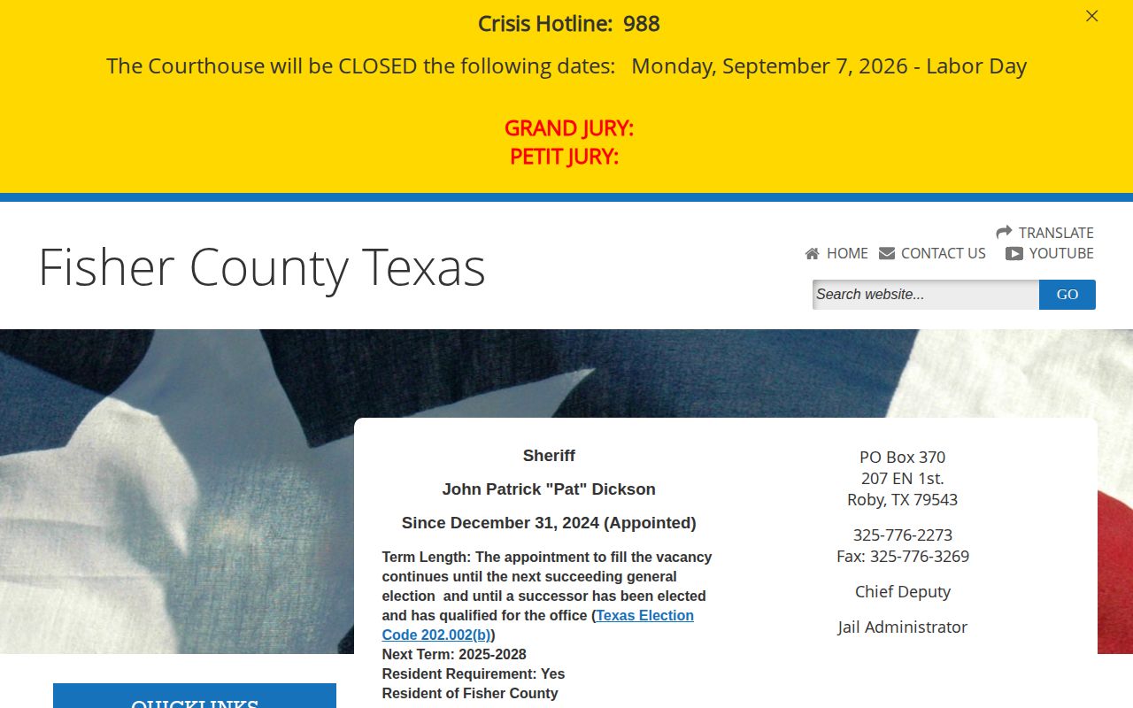 Fisher County booking and custody source on the official sheriff page